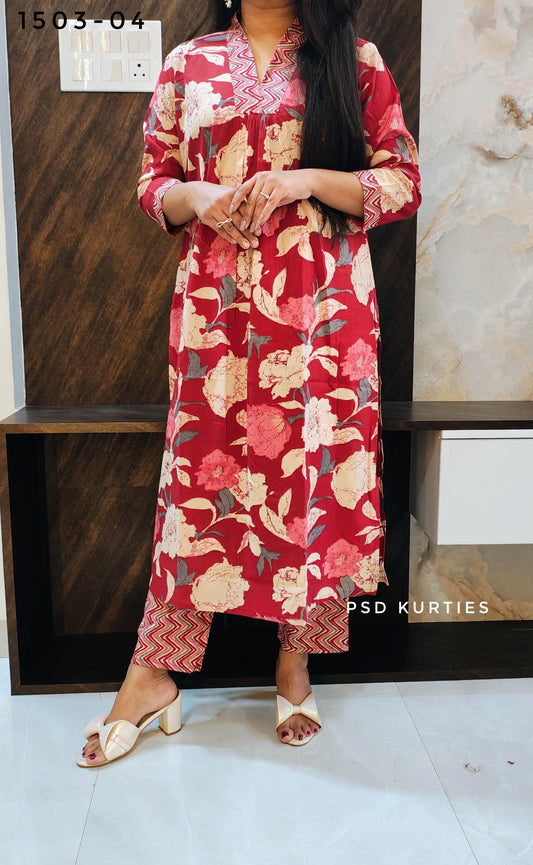 Red Front Pleated Kurta Pant Set