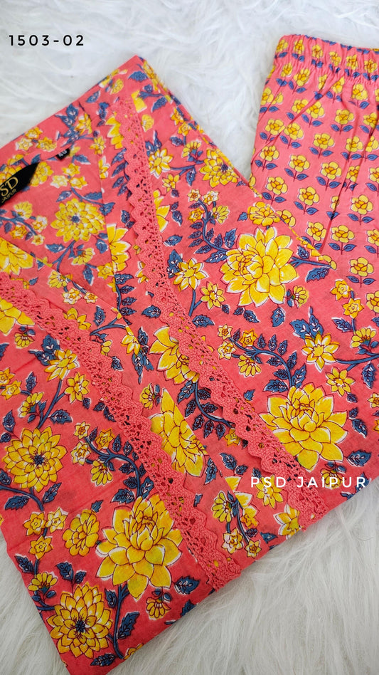 Orange Cotton Kurti Pant Set