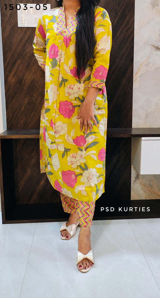 Yellow Front Pleated Kurti Pant Set