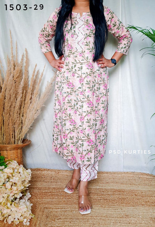 Light Pink Cotton Kurti Pant Set