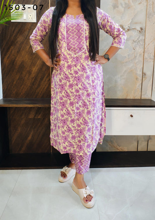 Levender Cotton Kurti Pant Set