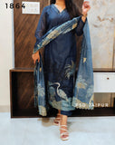 Blue Chanderi Suit-Bird Print Blue Chanderi Suit-Bird Print