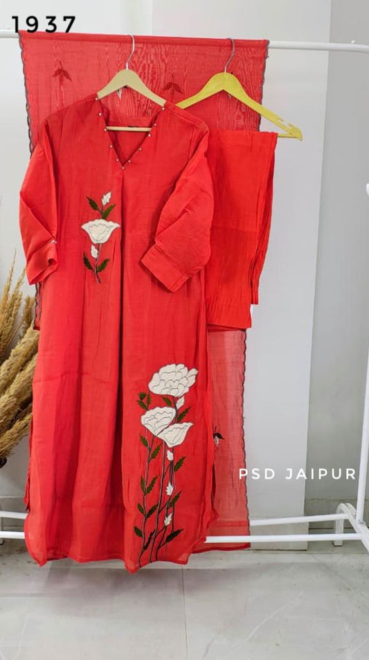 Rust Orange Mul Chanderi Suit