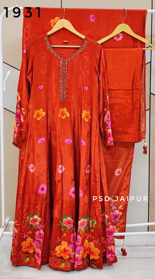 Orange Natural Crep Anarkali Suit