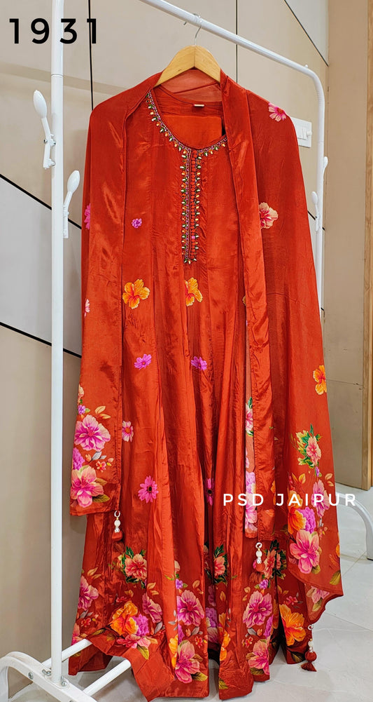 Orange Natural Crep Anarkali Suit