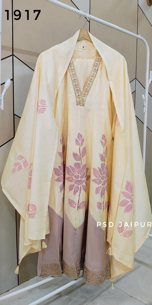 Off white and purple Anarkali Suit