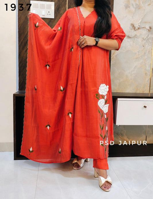 Rust Orange Mul Chanderi Suit