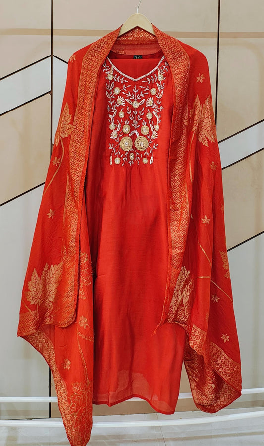 Orange Mul Chanderi Suit