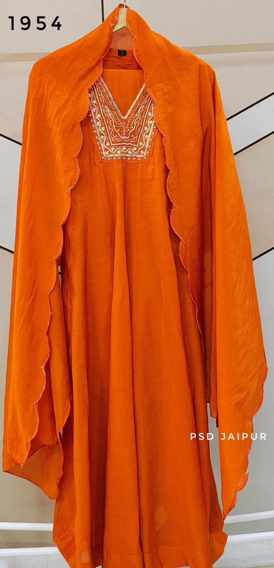 Orange Mul chanderi Anarkali suit