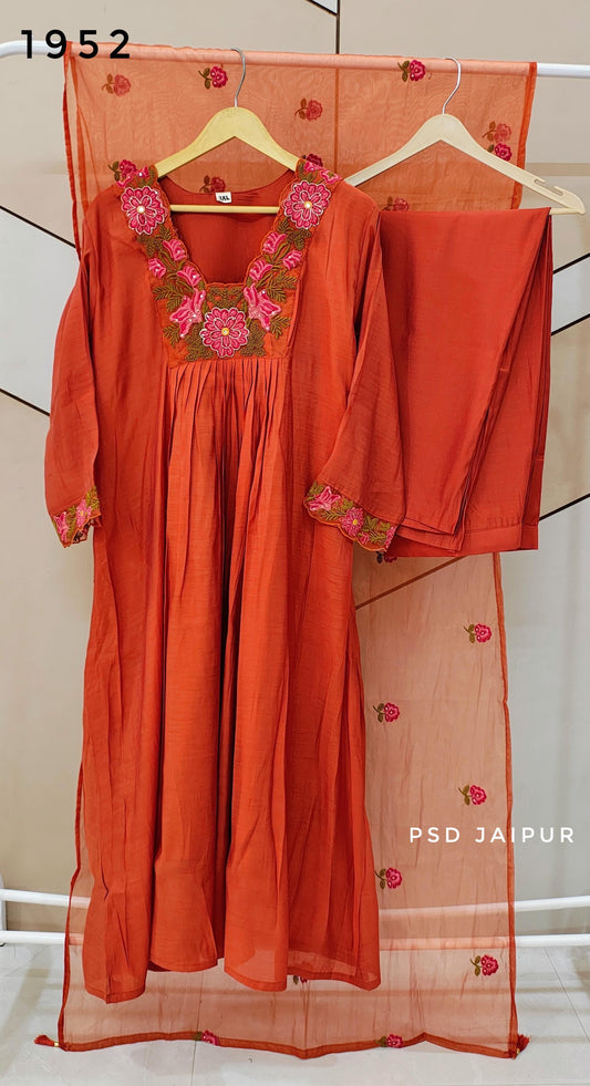Rust Orange Glass Neck Mul Chanderi Suit