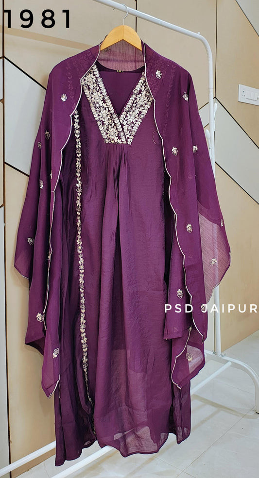 Purple front pleated Mul Chanderi Suit