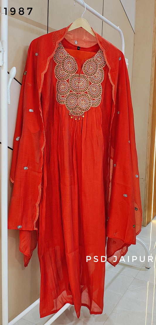 Rust Orange Mul Chanderi Suit