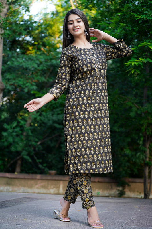 Brown Cotton Kurti Pant Set