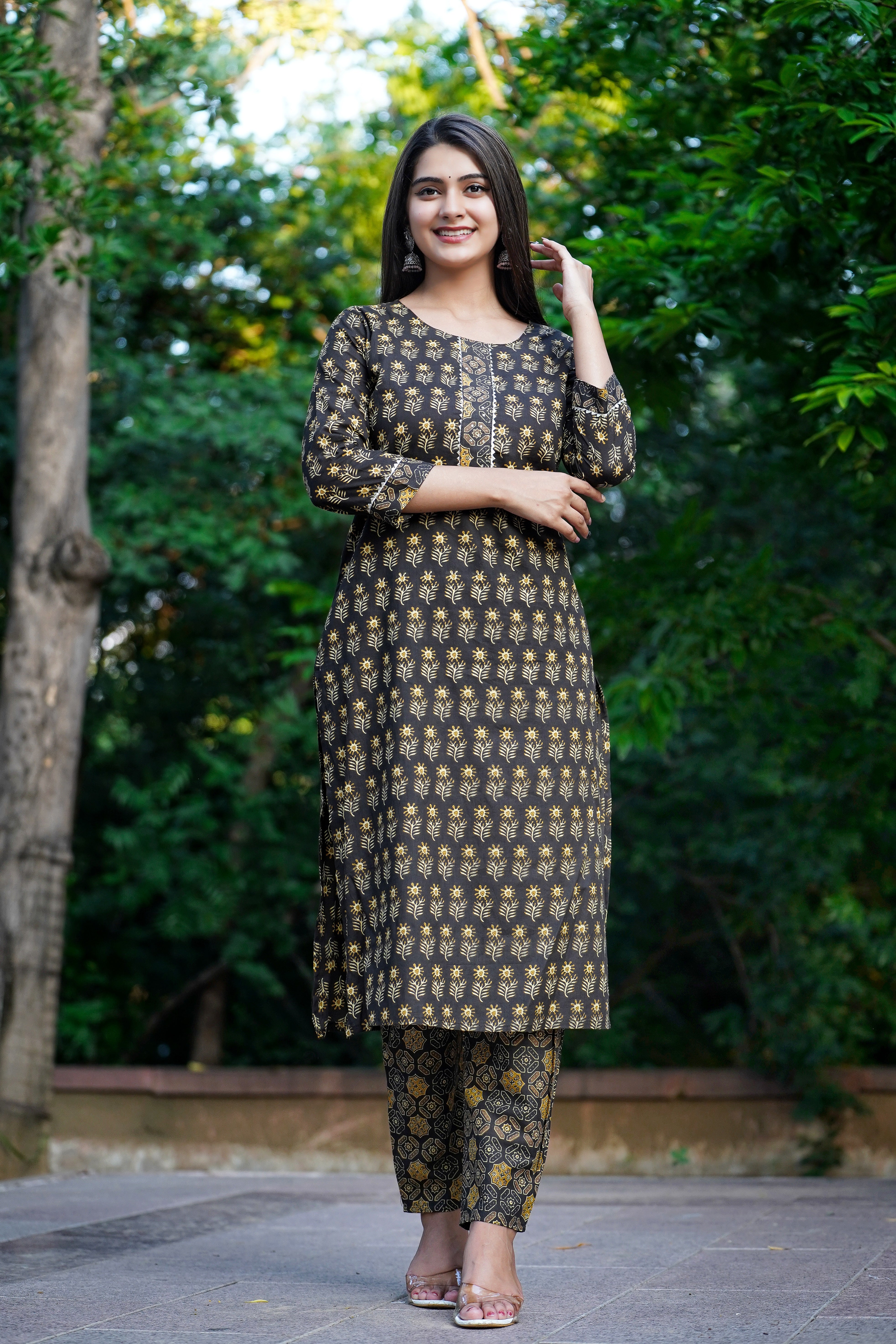 Brown Cotton Kurti Pant Set