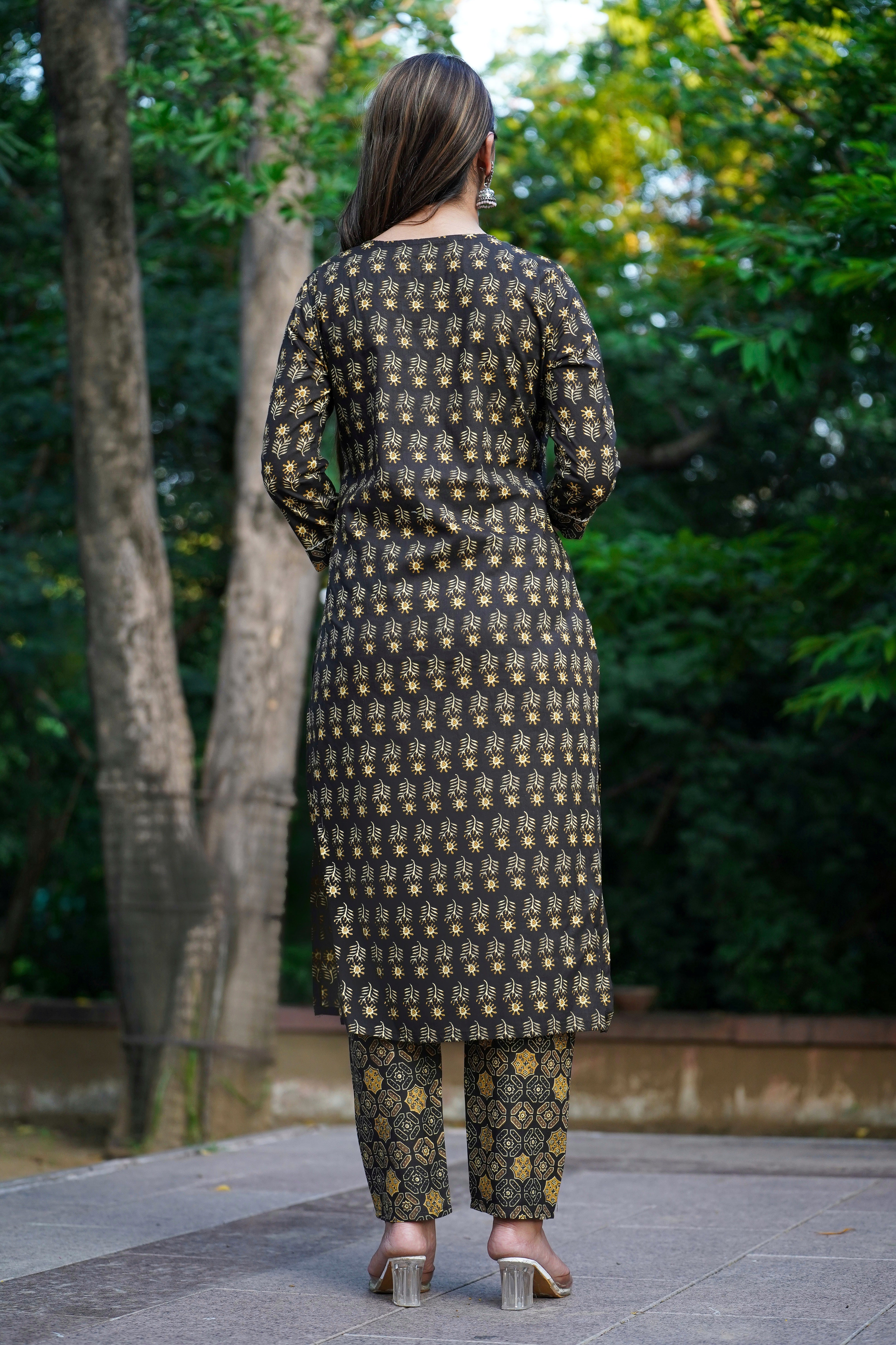 Brown Cotton Kurti Pant Set