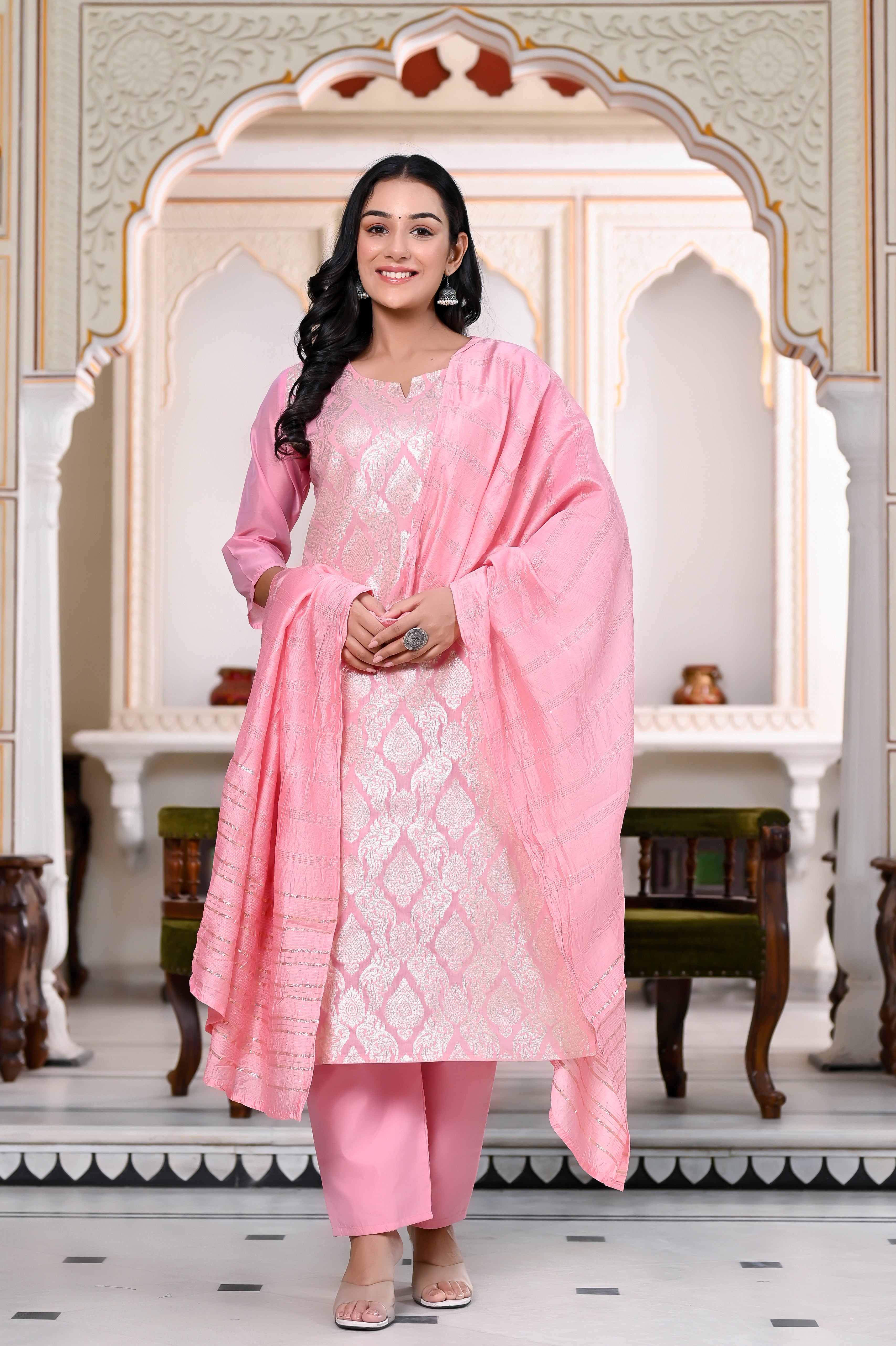 Designer Banarsi Silk Suit Set  - Light Pink