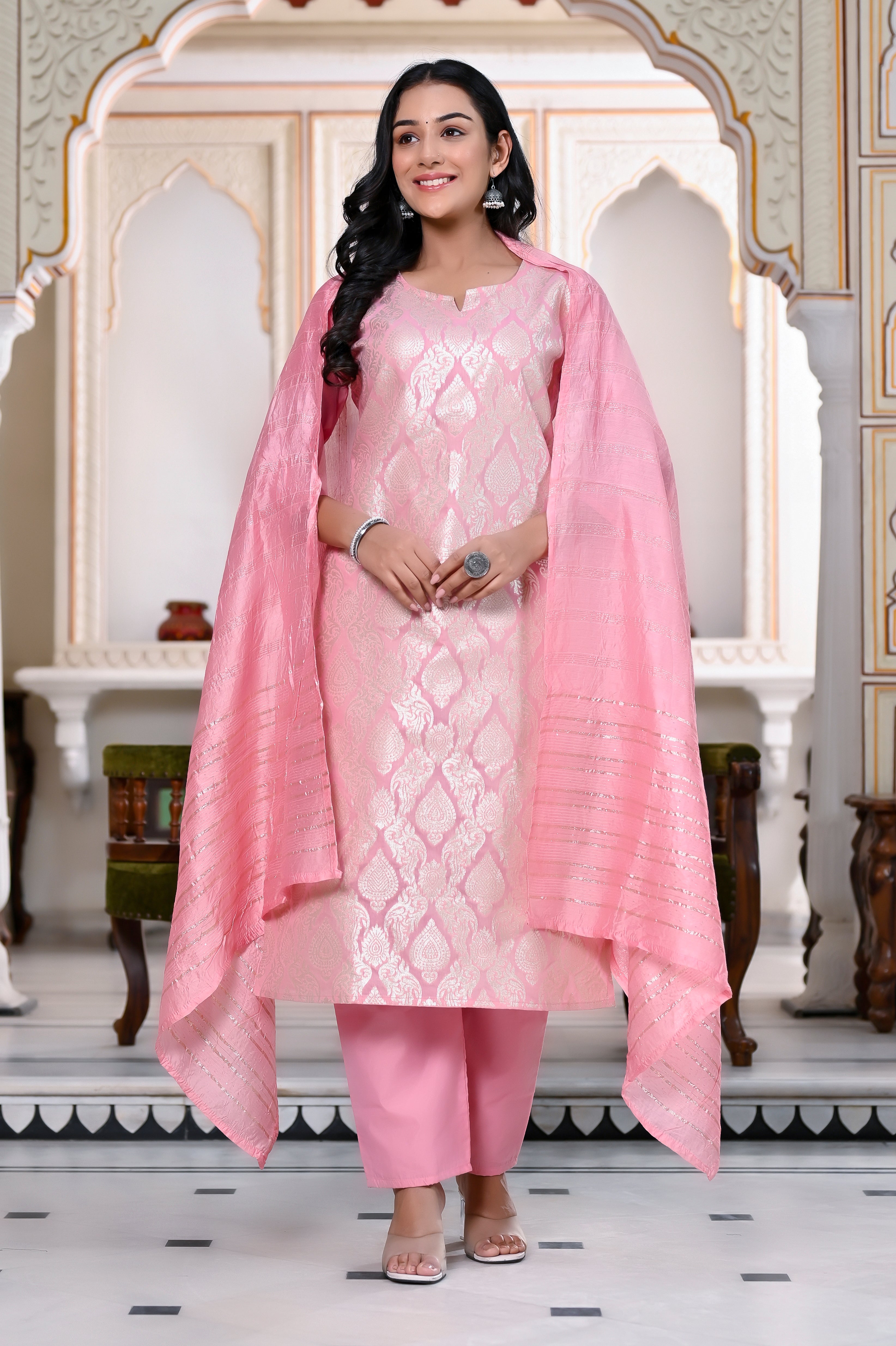 Designer Banarsi Silk Suit Set  - Light Pink