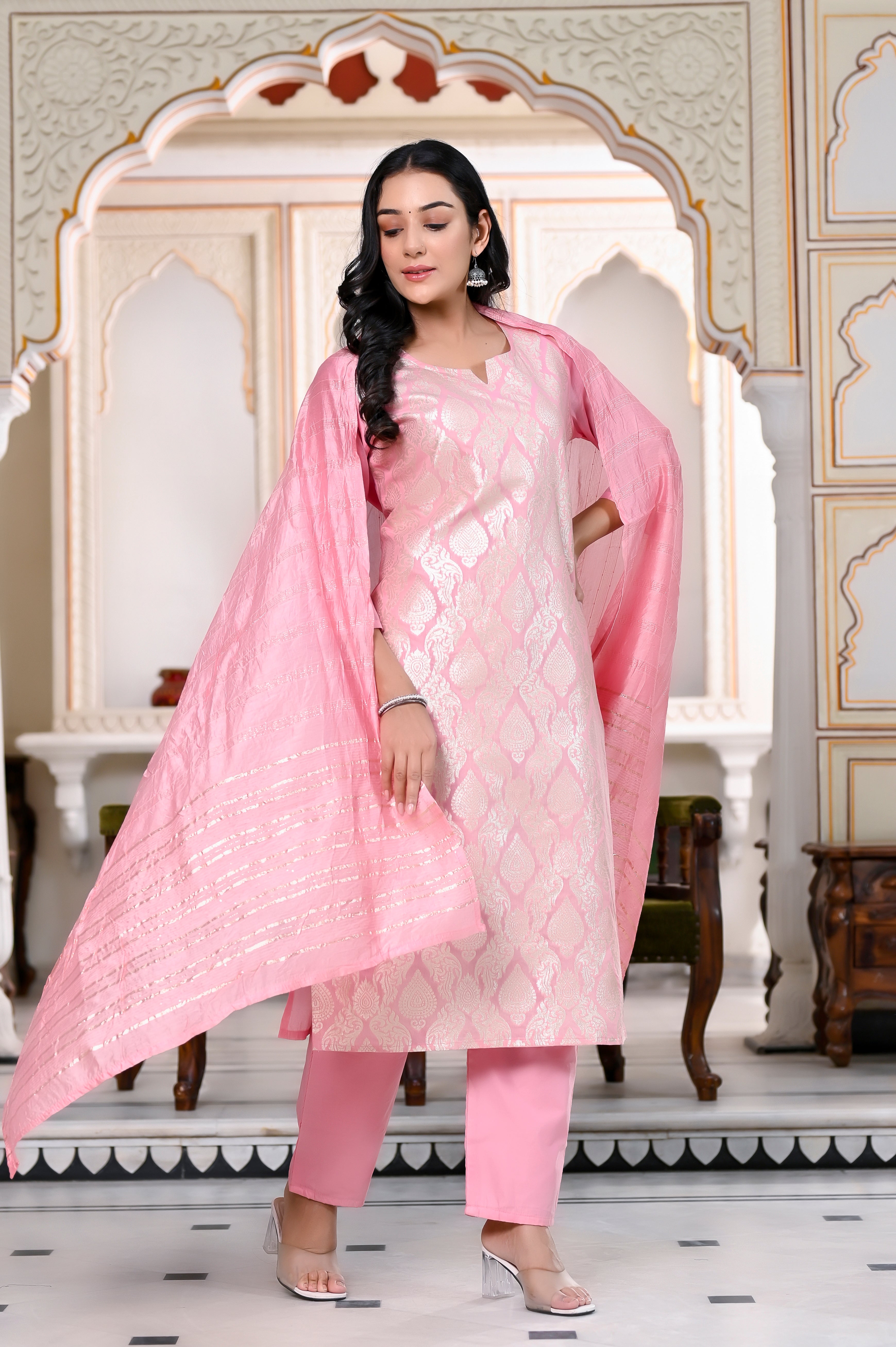 Designer Banarsi Silk Suit Set  - Light Pink