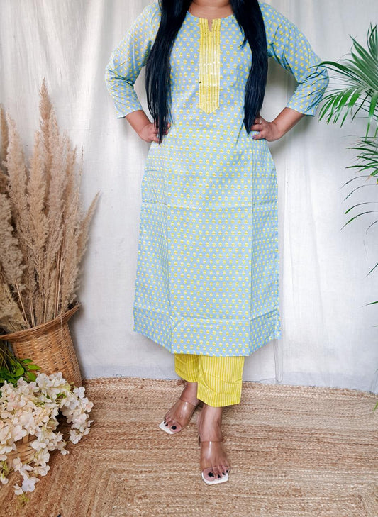 Yellow Designer Pure Cotton Kurta Dupatta Set With Hand Work