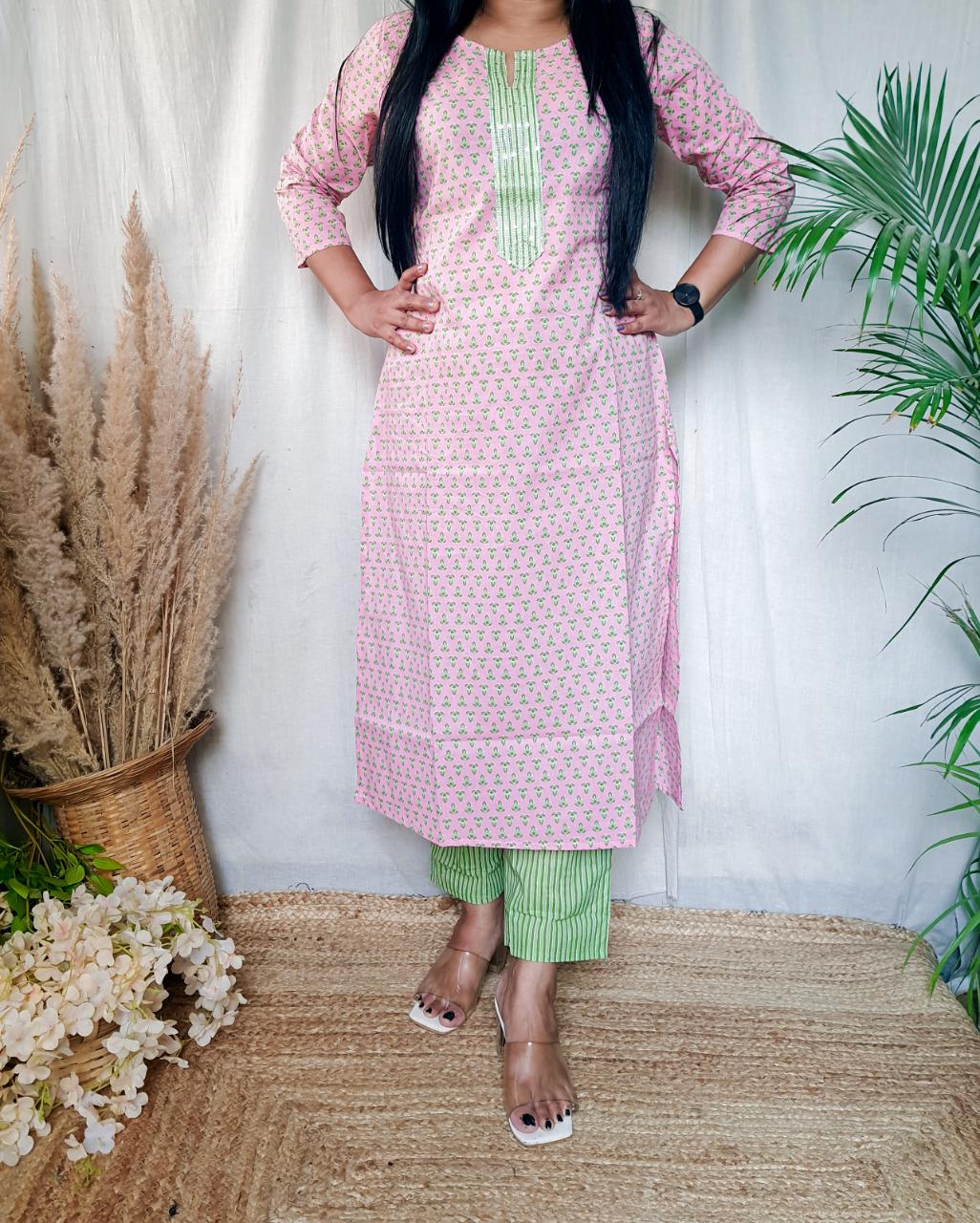 Designer Pink Cotton Kurta Set, Cotton Kurta Sets