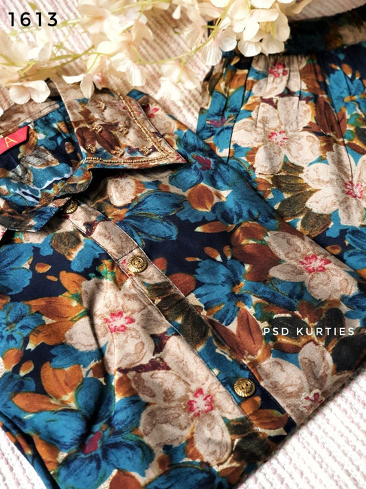 Printed Blue Muslin Collar Pattern Co-ord