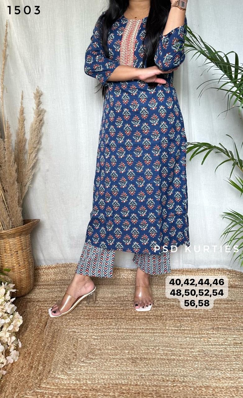 Casual Pure Cotton Blue Kurti Pant Set