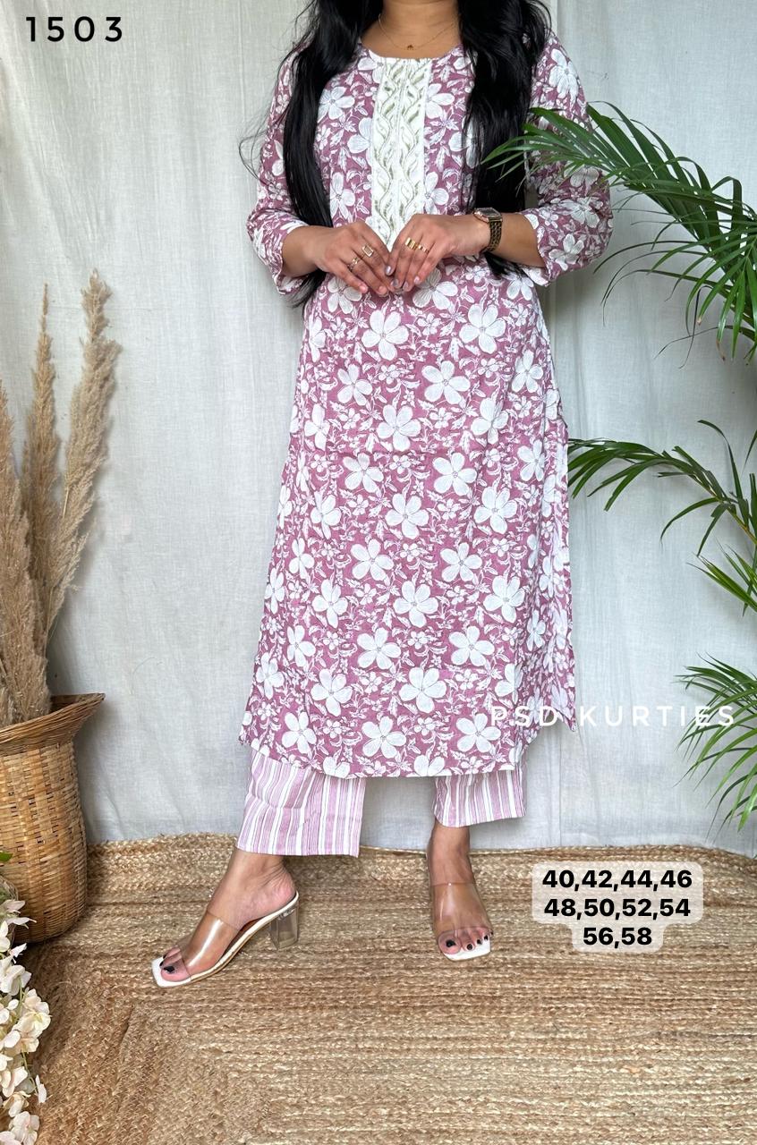 Pure Lavender Cotton Kurti Pant Set