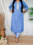 Casual Pure Blue Cotton Kurti Pant Set