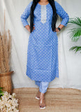 Casual Pure Blue Cotton Kurti Pant Set