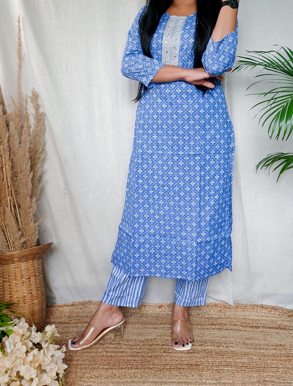 Casual Pure Blue Cotton Kurti Pant Set