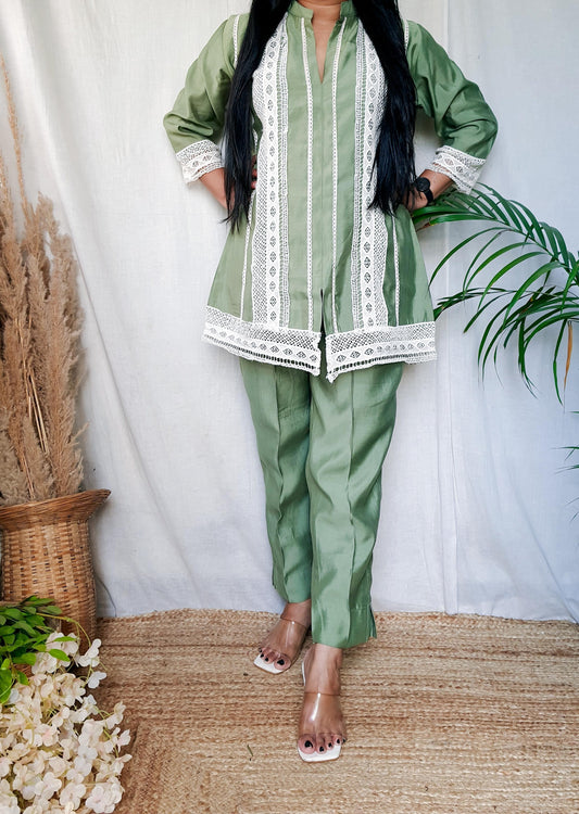 Green Muslin Crochet Co-Ord Set