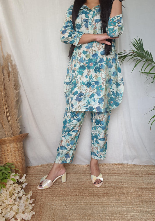 Sky Blue Floral Hand Work Muslin Co-Ord Set