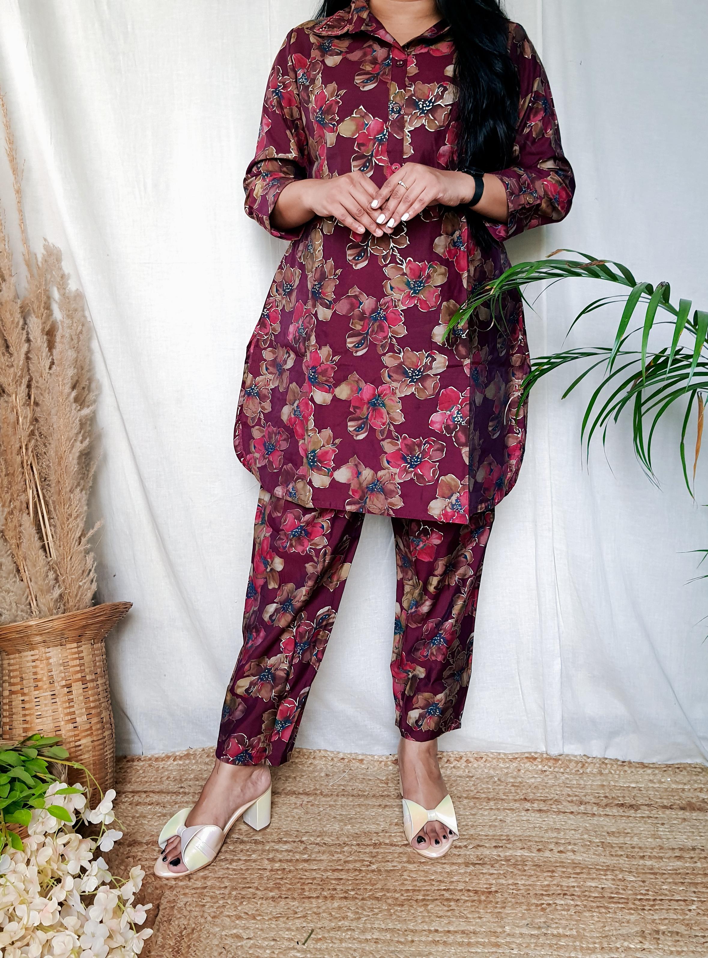 Maroon Floral Hand Work Muslin Co-Ord Set