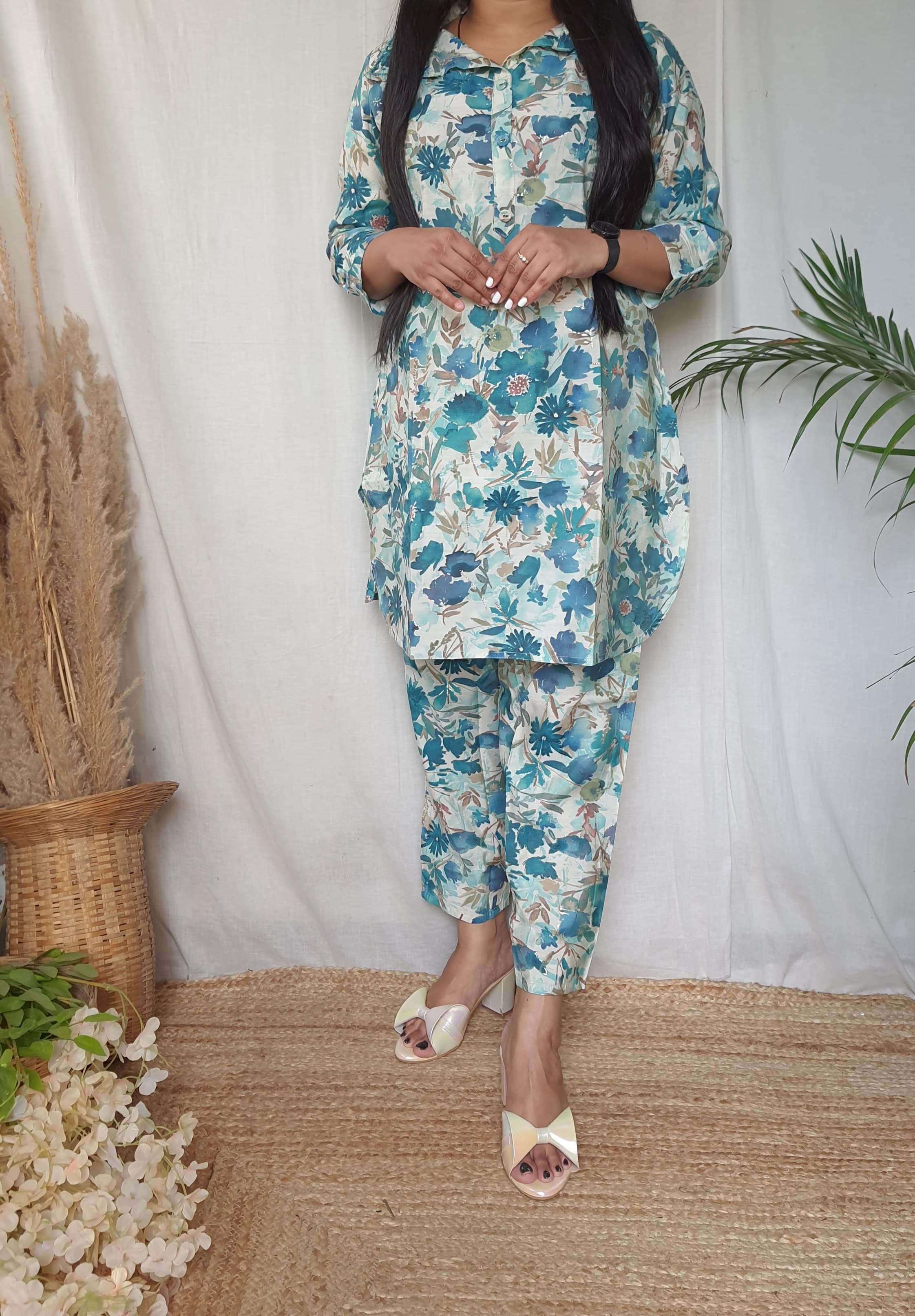 Sky Blue Floral Hand Work Muslin Co-Ord Set