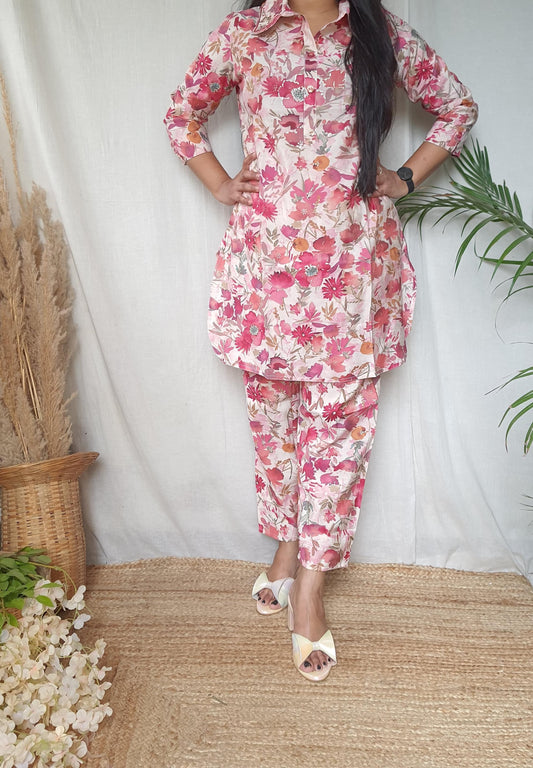 White Or Pink Floral Muslin Co-Ord Set