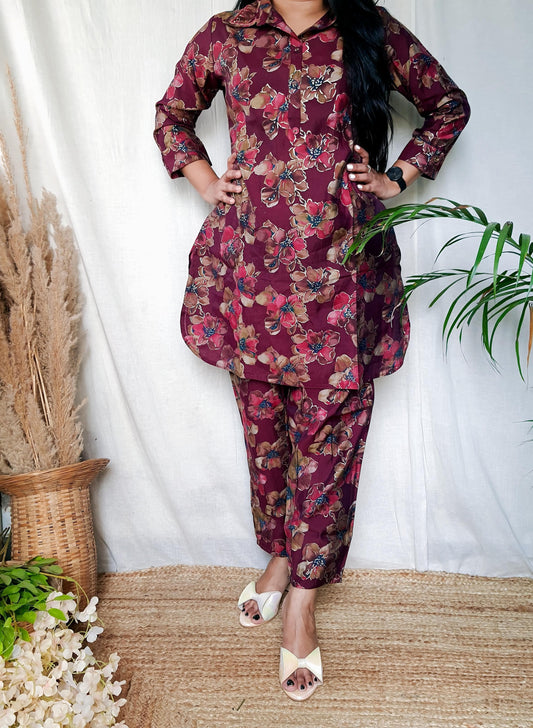 Maroon Floral Hand Work Muslin Co-Ord Set