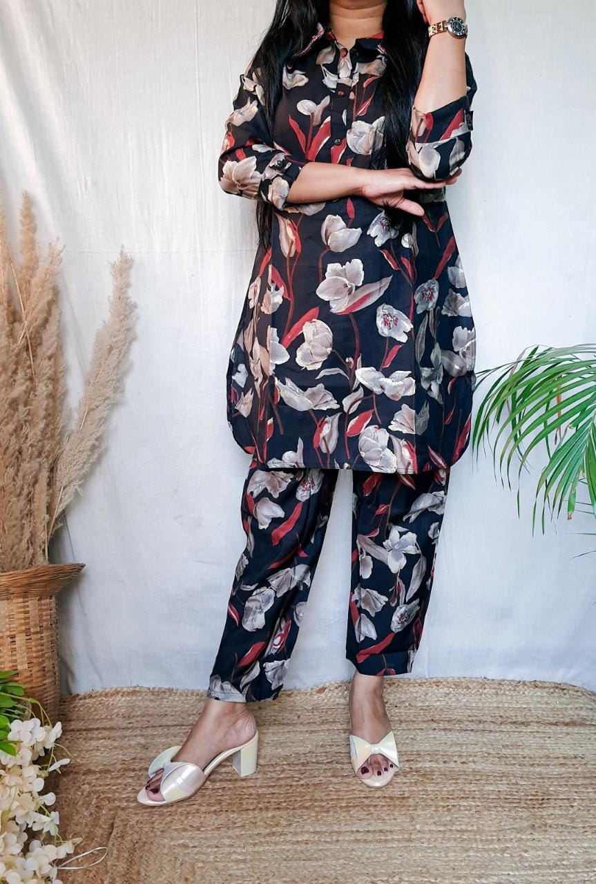 Black Floral Printed Muslin Co-Ord Set