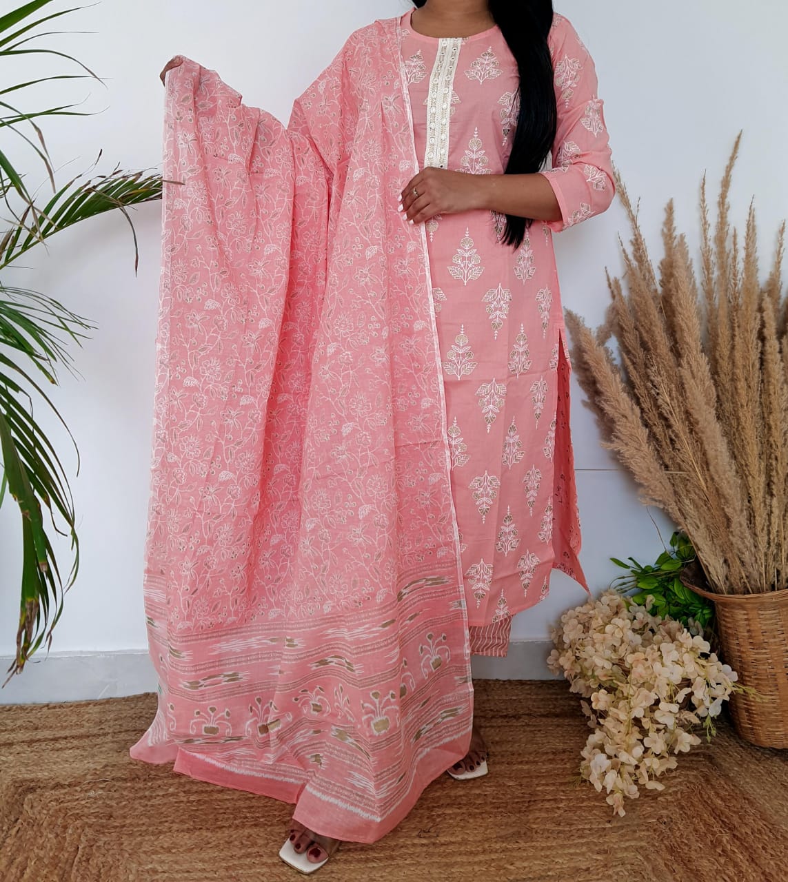 Pink Pure Cotton Dupatta Set