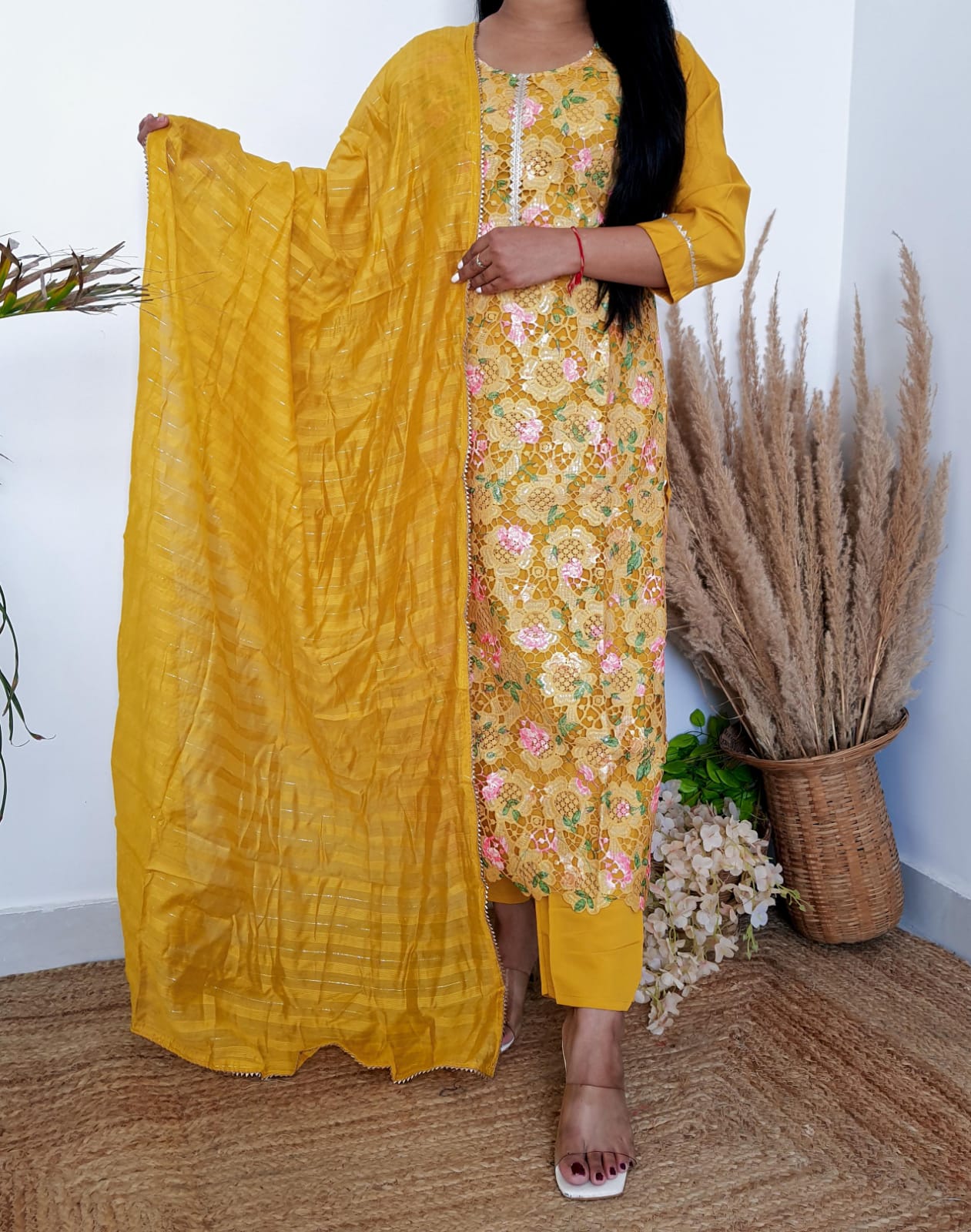 Yellow Schiffli Cotton Printed Suit