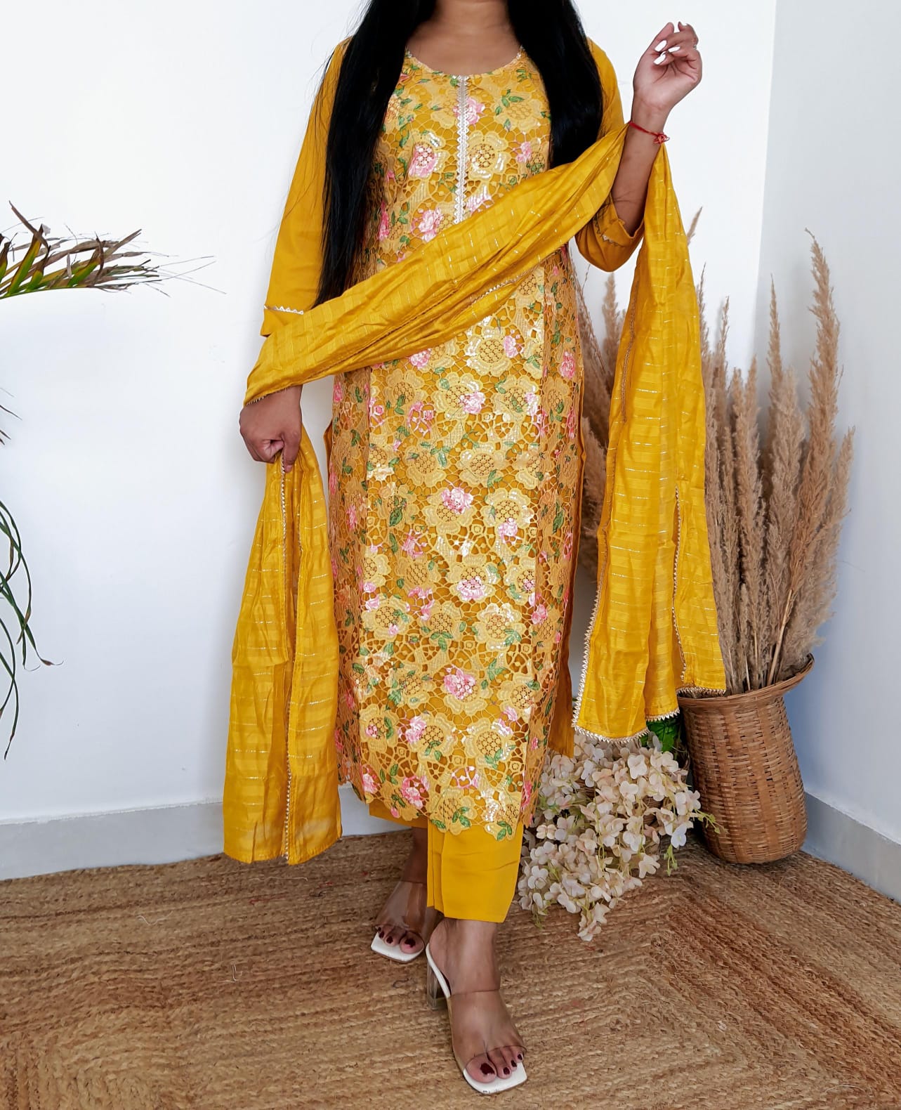 Yellow Schiffli Cotton Printed Suit