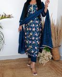 Blue Schiffli Cotton Printed Suit