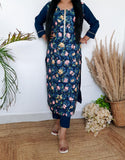 Blue Schiffli Cotton Printed Suit