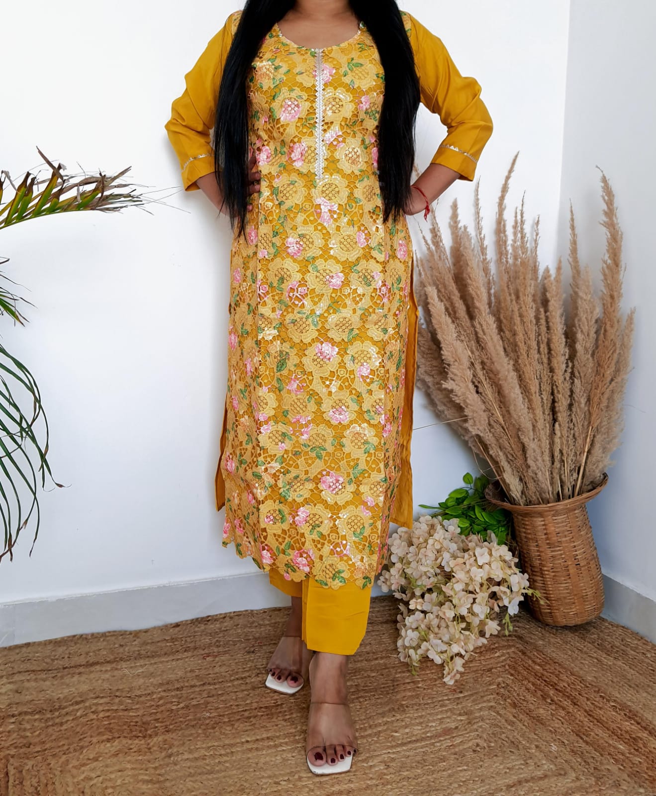 Yellow Schiffli Cotton Printed Suit