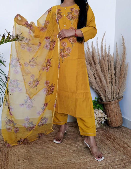 Yellow Designer Floral Silk Suit