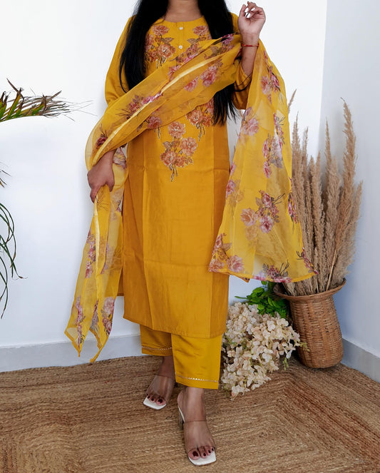 Yellow Designer Floral Silk Suit