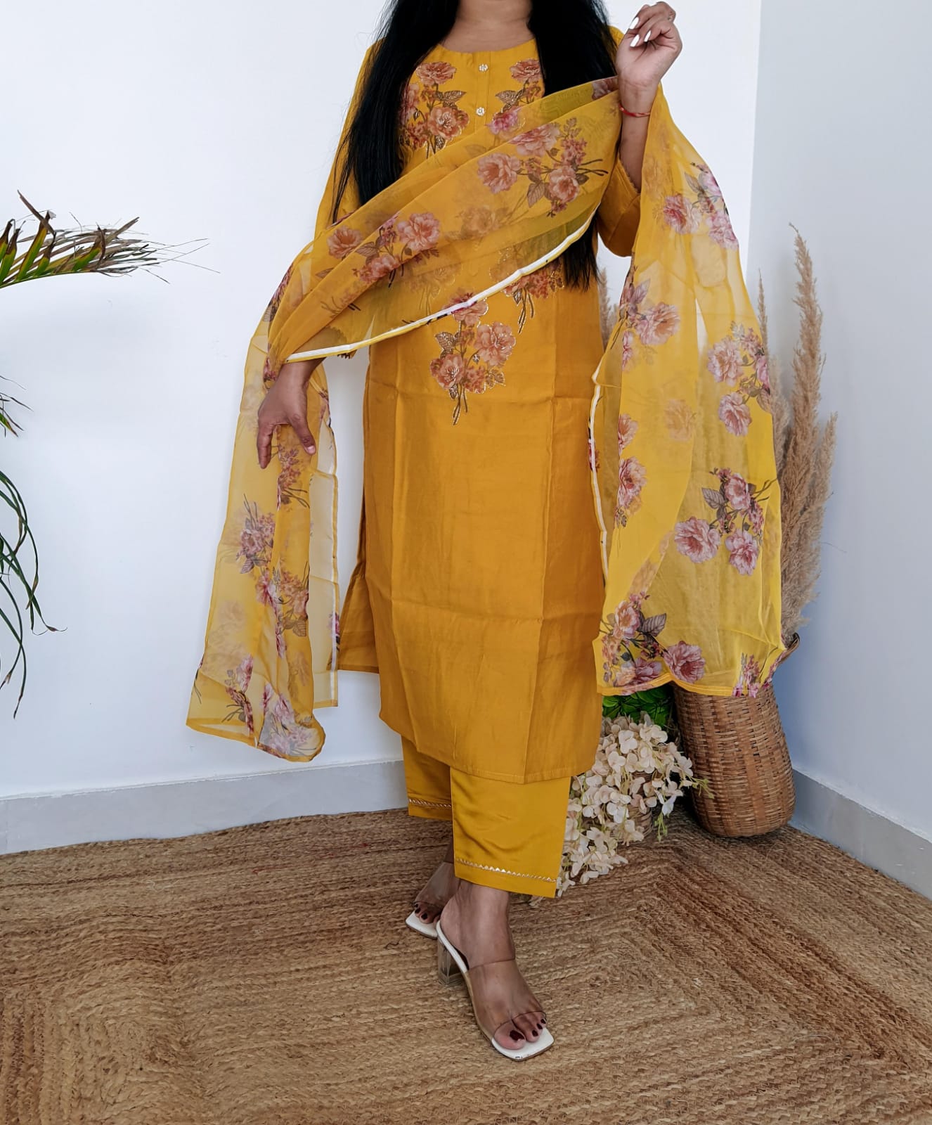 Yellow Designer Floral Silk Suit