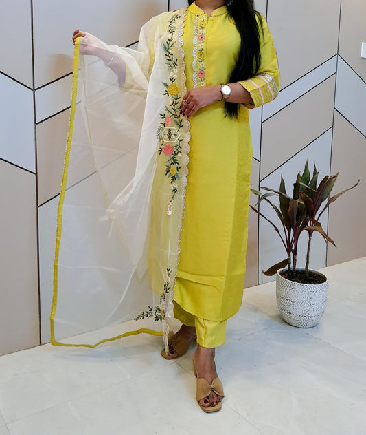 Neon Silk Suit With Embroidery Organza Dupatta