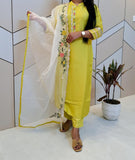 Neon Silk Suit With Embroidery Organza Dupatta