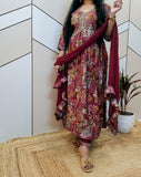 Maroon Beautiful Printed Muslin  Suit Set