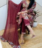 Maroon Beautiful Printed Muslin  Suit Set